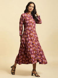 W Floral Printed Shirt Collar Cuffed Sleeves Shirt Style Dress
