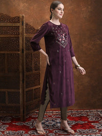 Vishudh Purple Ethnic Motifs Embroidered Straight Kurta