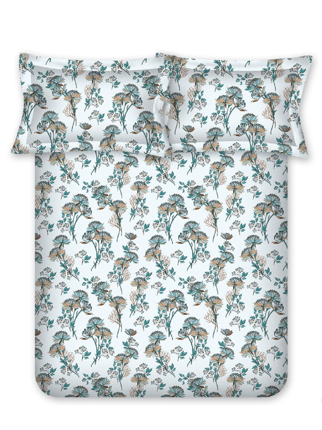 BOMBAY DYEING Green Floral Cotton 140 TC Queen Fitted Bedsheet Set-1.52 m X 1.98 m X 30 cm