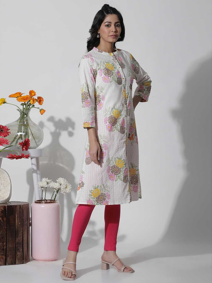 W White Floral Printed Cotton Kurta