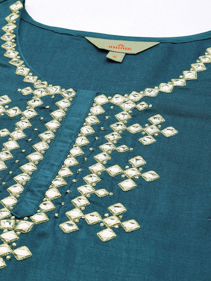 Anouk Woven Yoke Design Regular Beads and Stones Kurta with Trousers