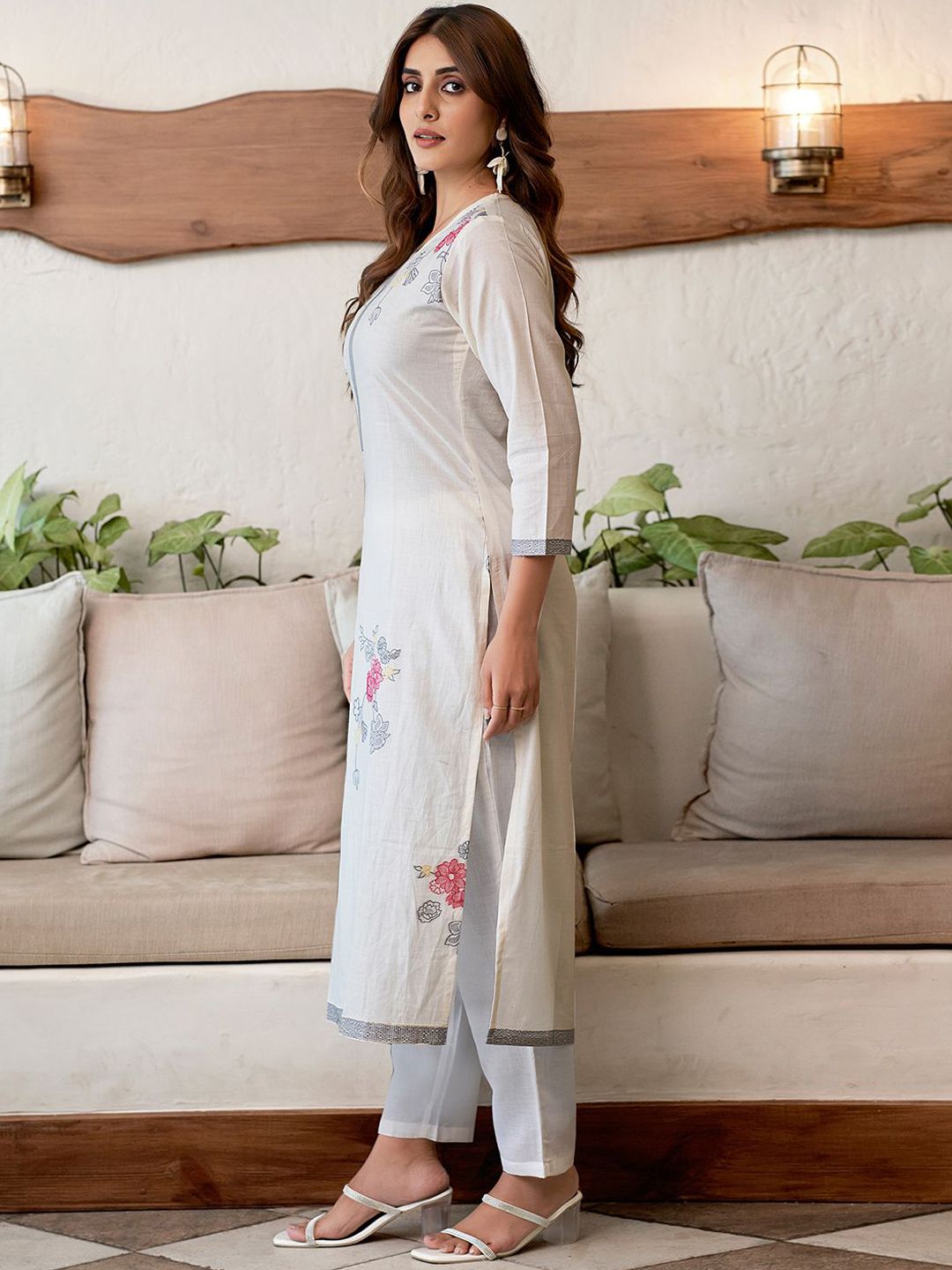 KALINI Floral Printed Jacquard Straight Kurta with Trousers & Dupatta