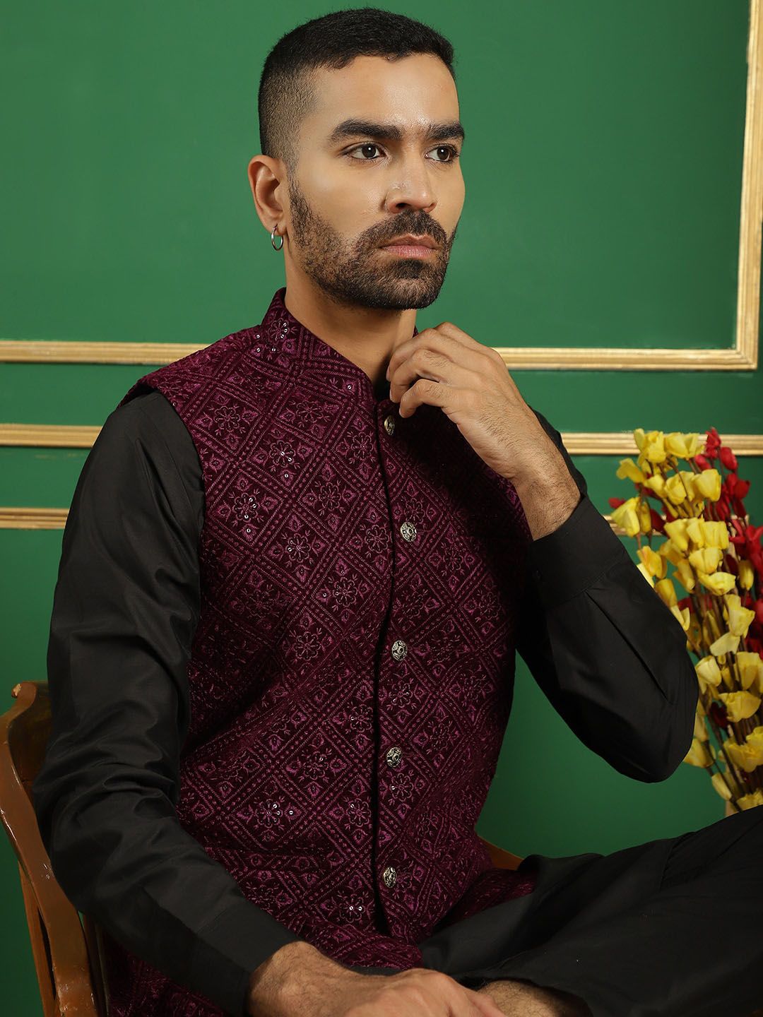 Jompers Embroidered Mandarin Collar Nehru Jackets
