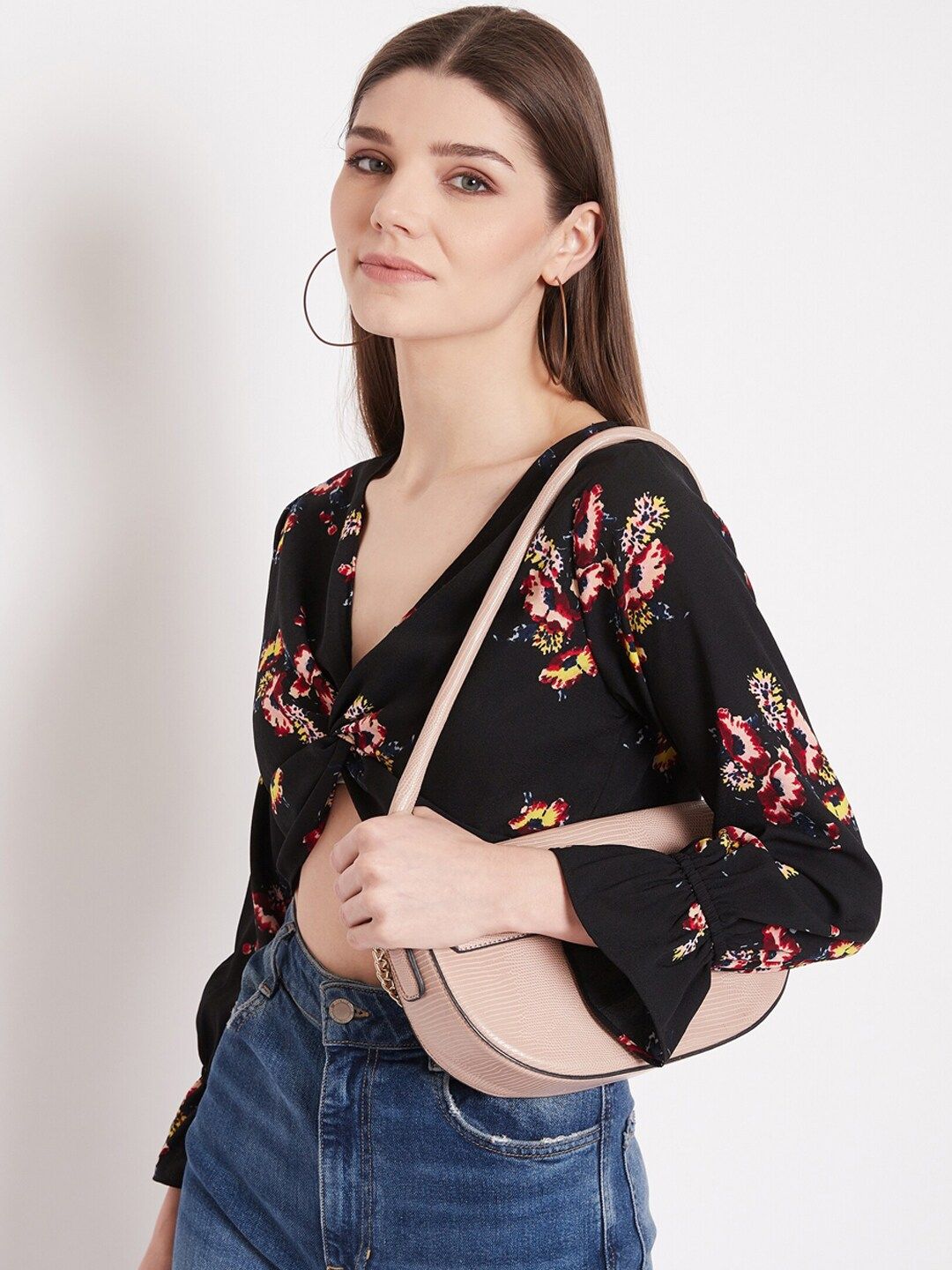 Berrylush Black & Red Floral Bishop Sleeves Crepe Wrap Crop Top