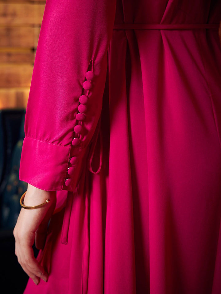 Berrylush Pink Solid V-Neck Cuffed Tie-Up Sleeves Maxi Dress