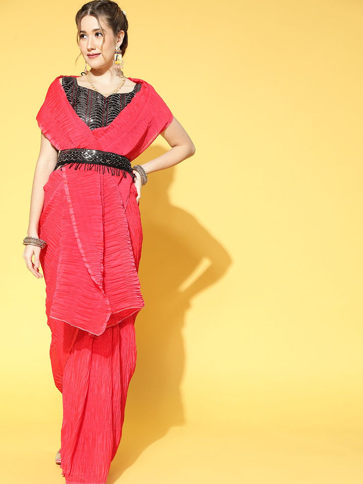 Saree mall Magenta & Black Solid Party Saree with Matching Blouse