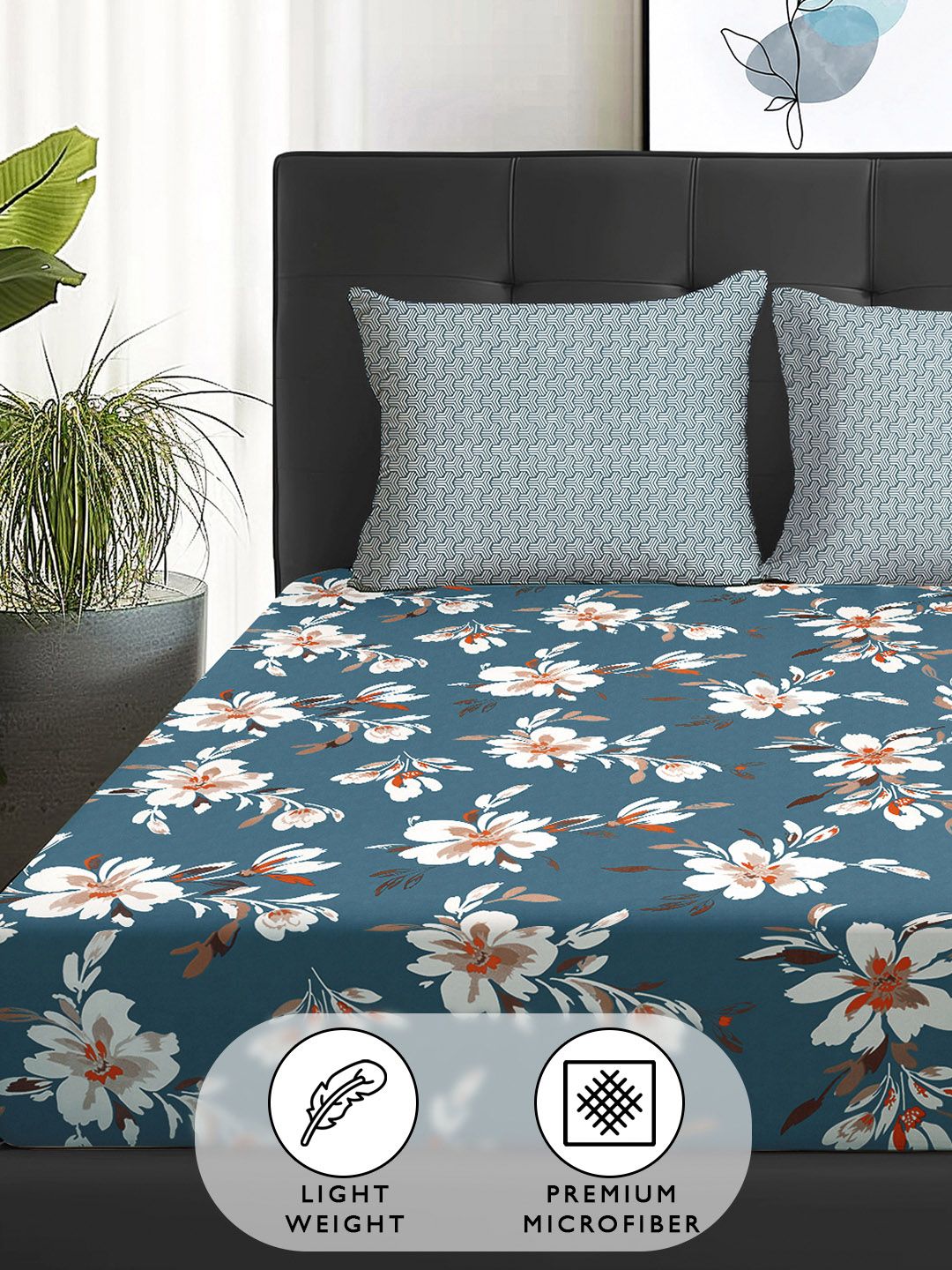 Story@home Teal Blue & Grey Floral 180 TC Queen Bedsheet With 2 Pillow Covers