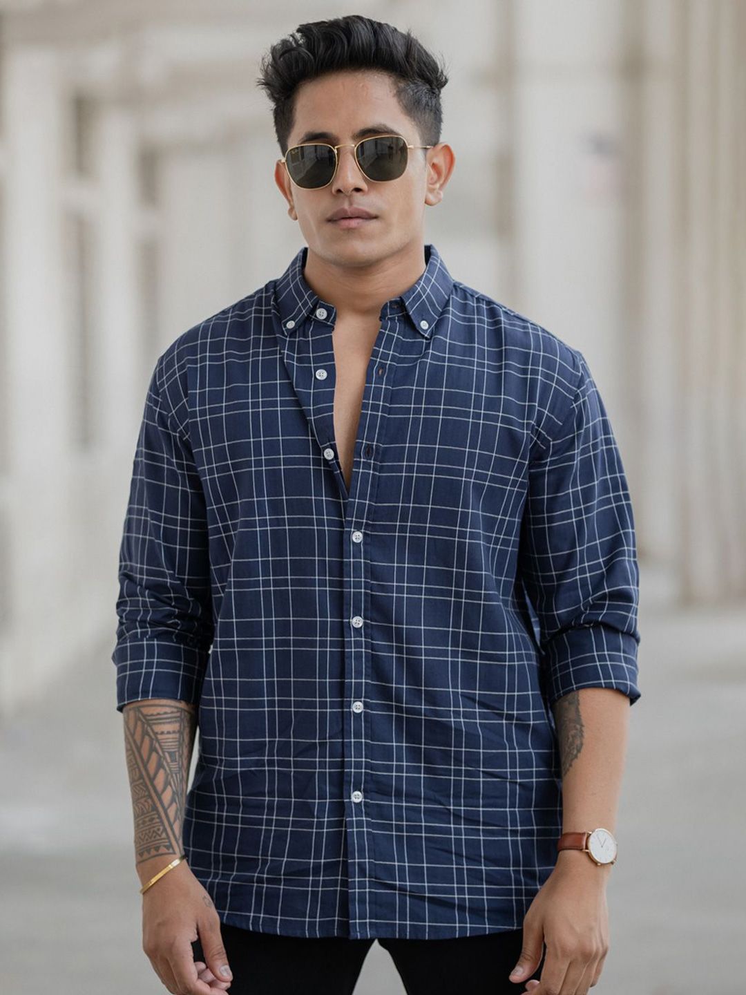 Powerlook Men Button-Down Collar Tartan Checked Cotton Casual Shirt