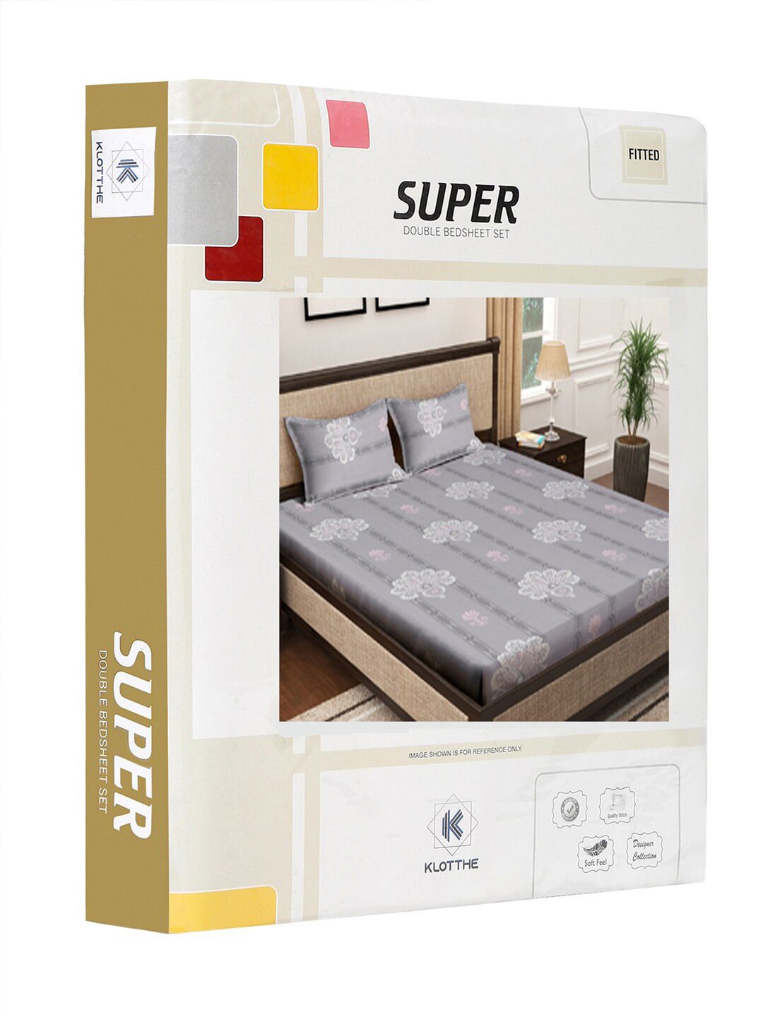 KLOTTHE Grey Printed Pure Cotton 400 TC Fitted Double King Bedsheet With 2 Pillow Covers