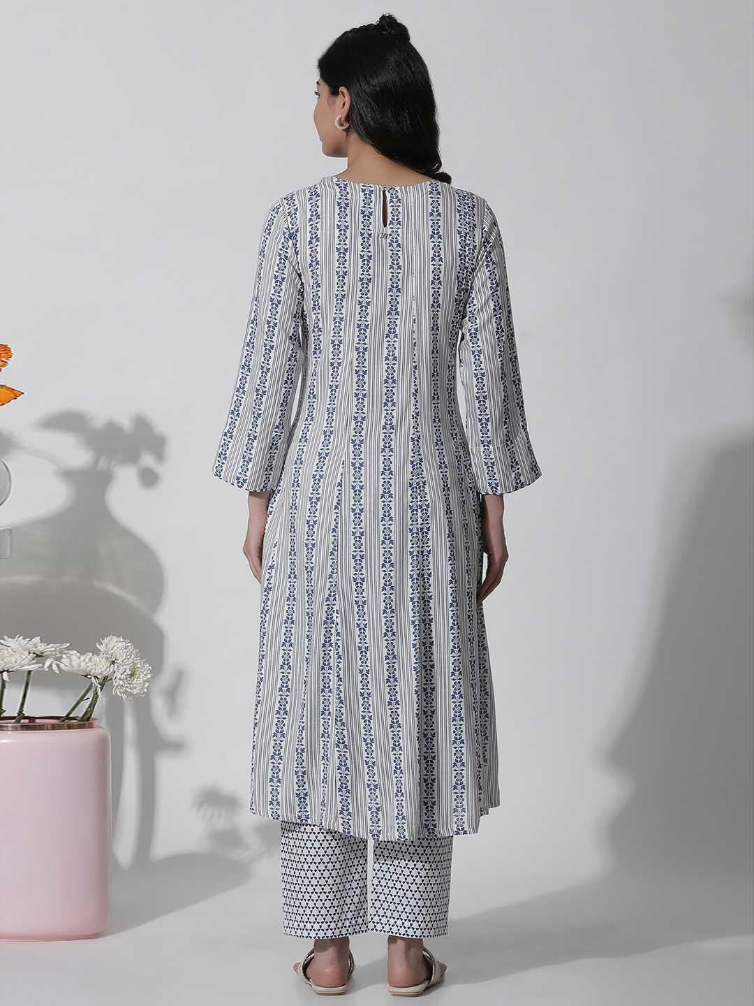 W Blue Ethnic Motifs Printed Mirror Work Kurta