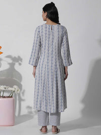 W Blue Ethnic Motifs Printed Mirror Work Kurta