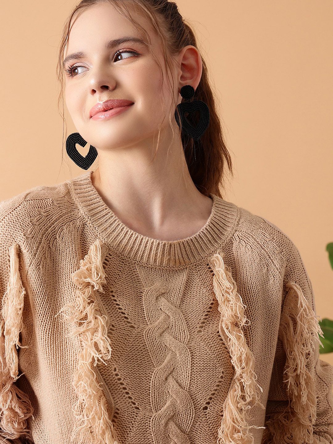 STREET 9 Cable Knit Self Design Fringed Detail Acrylic Pullover Sweater