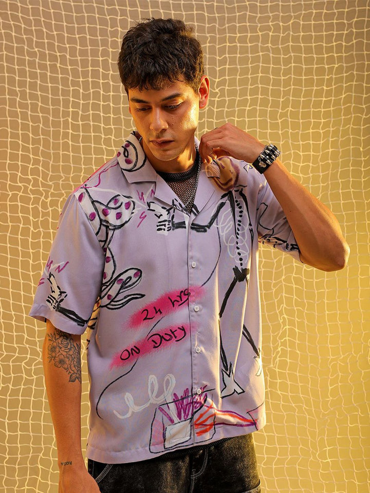 The Indian Garage Co Men Cuban Collar Graphic Printed Oversized Casual Shirt