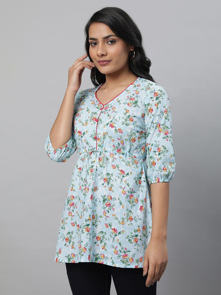AURELIA Blue Floral Printed V-Neck Pure Cotton Kurti