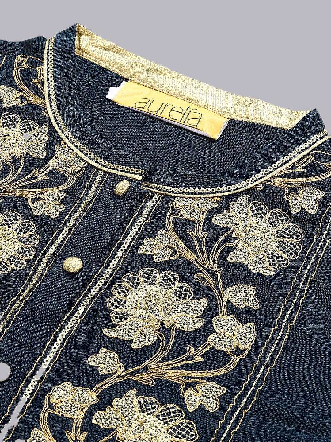AURELIA Women Teal & Gold-Toned Yoke Design Thread Work Kurta