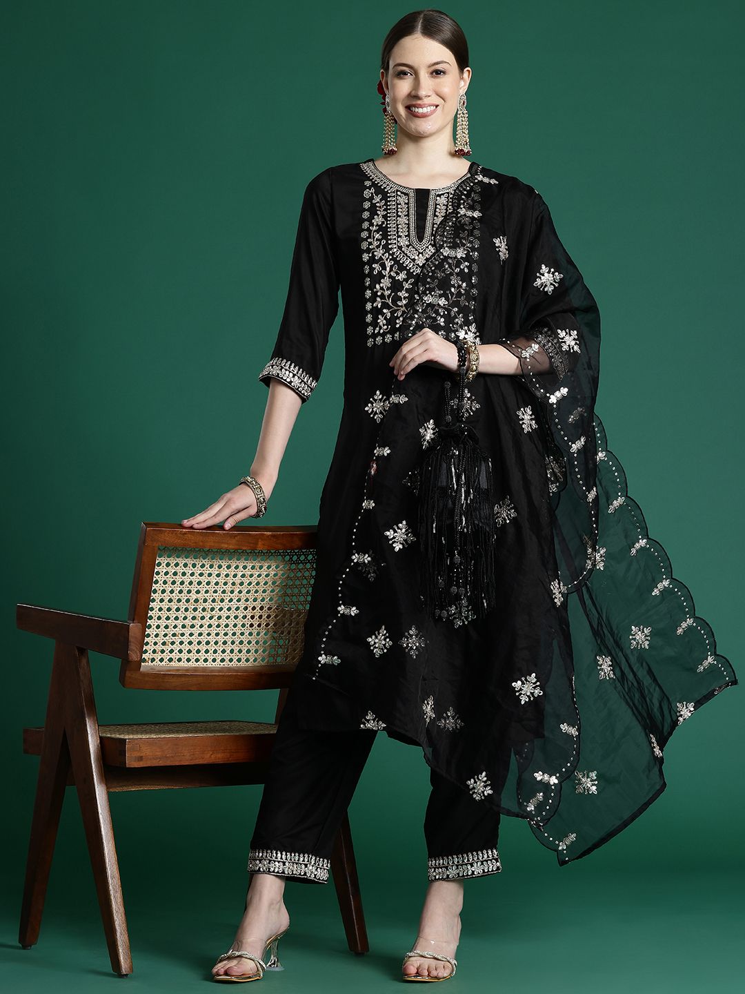 Indo Era Ethnic Motifs Embroidered Gotta Patti Kurta With Trousers & Dupatta