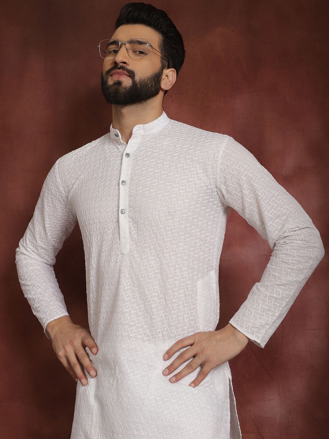 SOJANYA Lelaki Putih Berhias Kurta Lurus