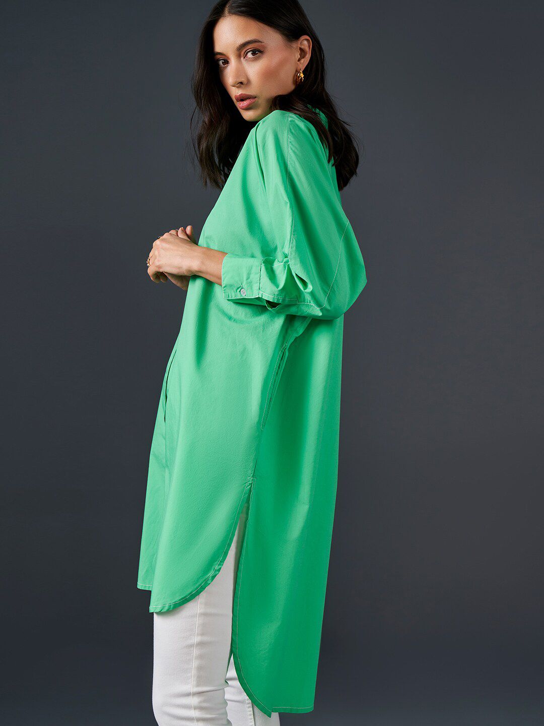 AND Spread Collar Cuff Sleeves Shirt Style Longline Cotton Top