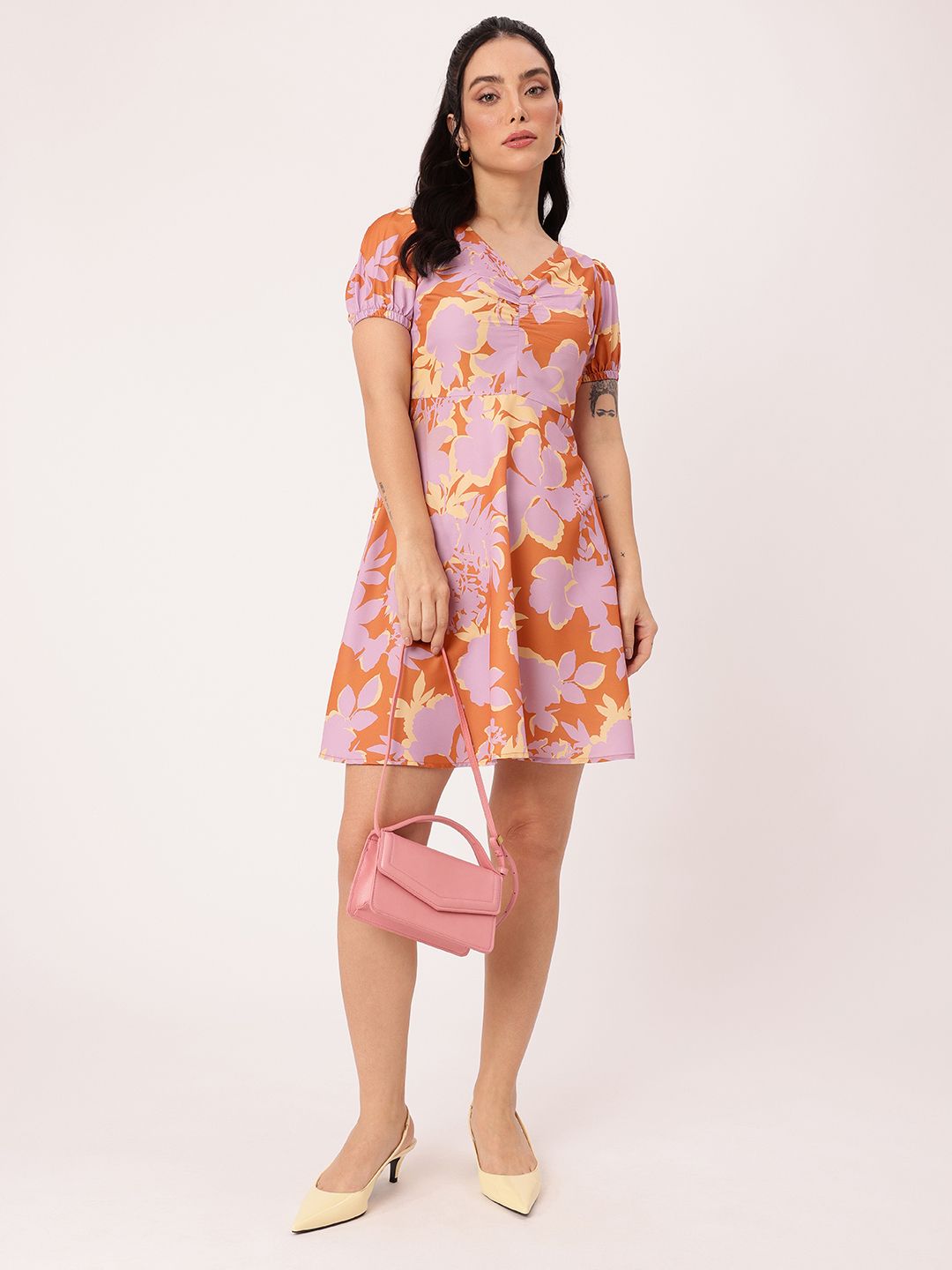 DressBerry Charming Blossom Printed Gathered A-Line Mini Dress