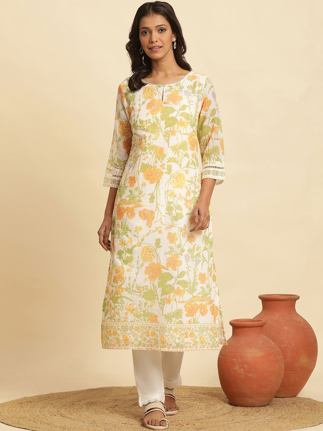 W Floral Printed Keyhole Neck Straight Kurta