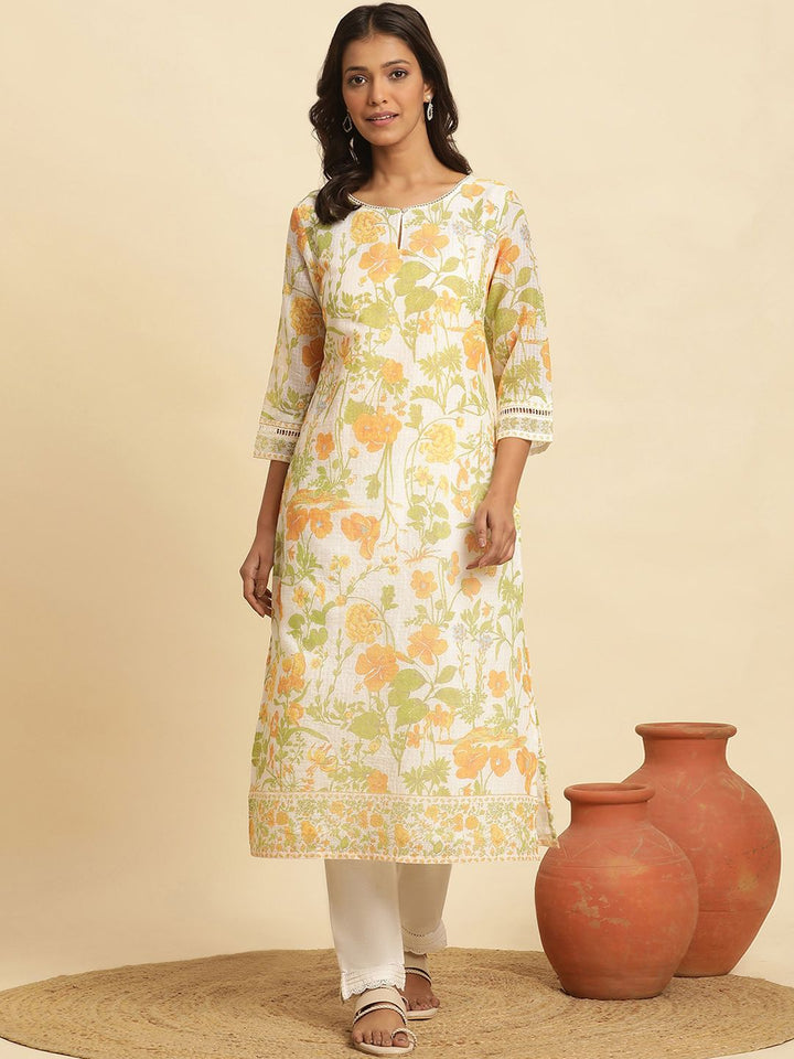 W Floral Printed Keyhole Neck Straight Kurta