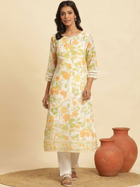 W Floral Printed Keyhole Neck Straight Kurta