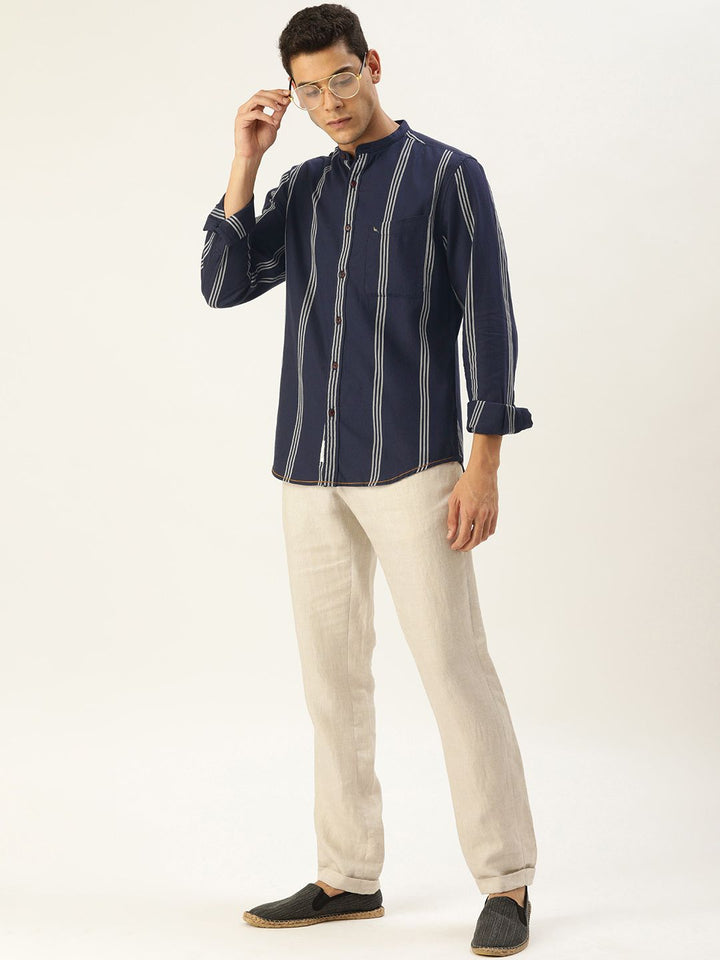 Mr Bowerbird Men Navy Blue Tailored Fit Striped Casual Shirt