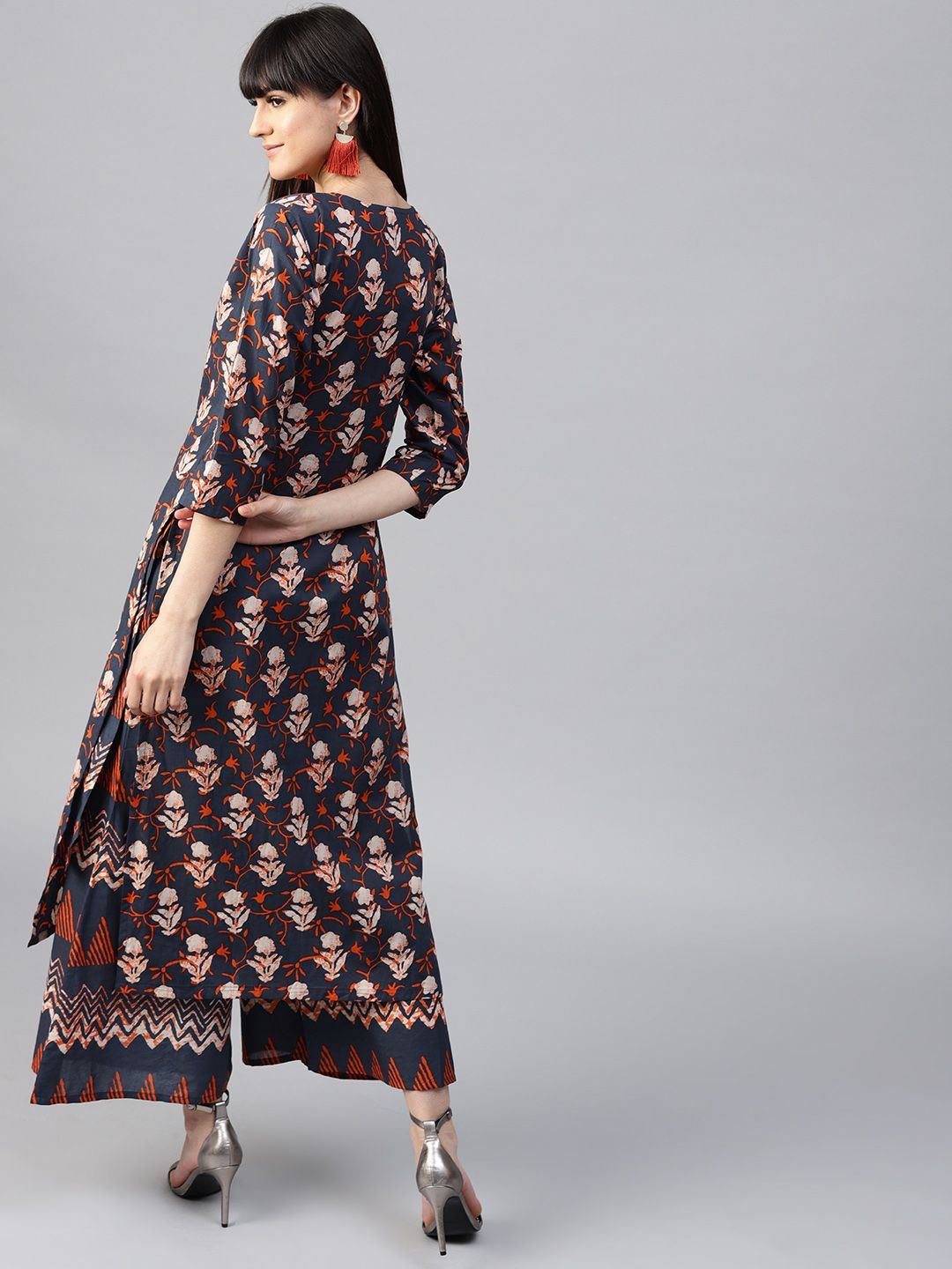 Gerua By Libas Women Navy  Orange Printed Kurta with Palazzos