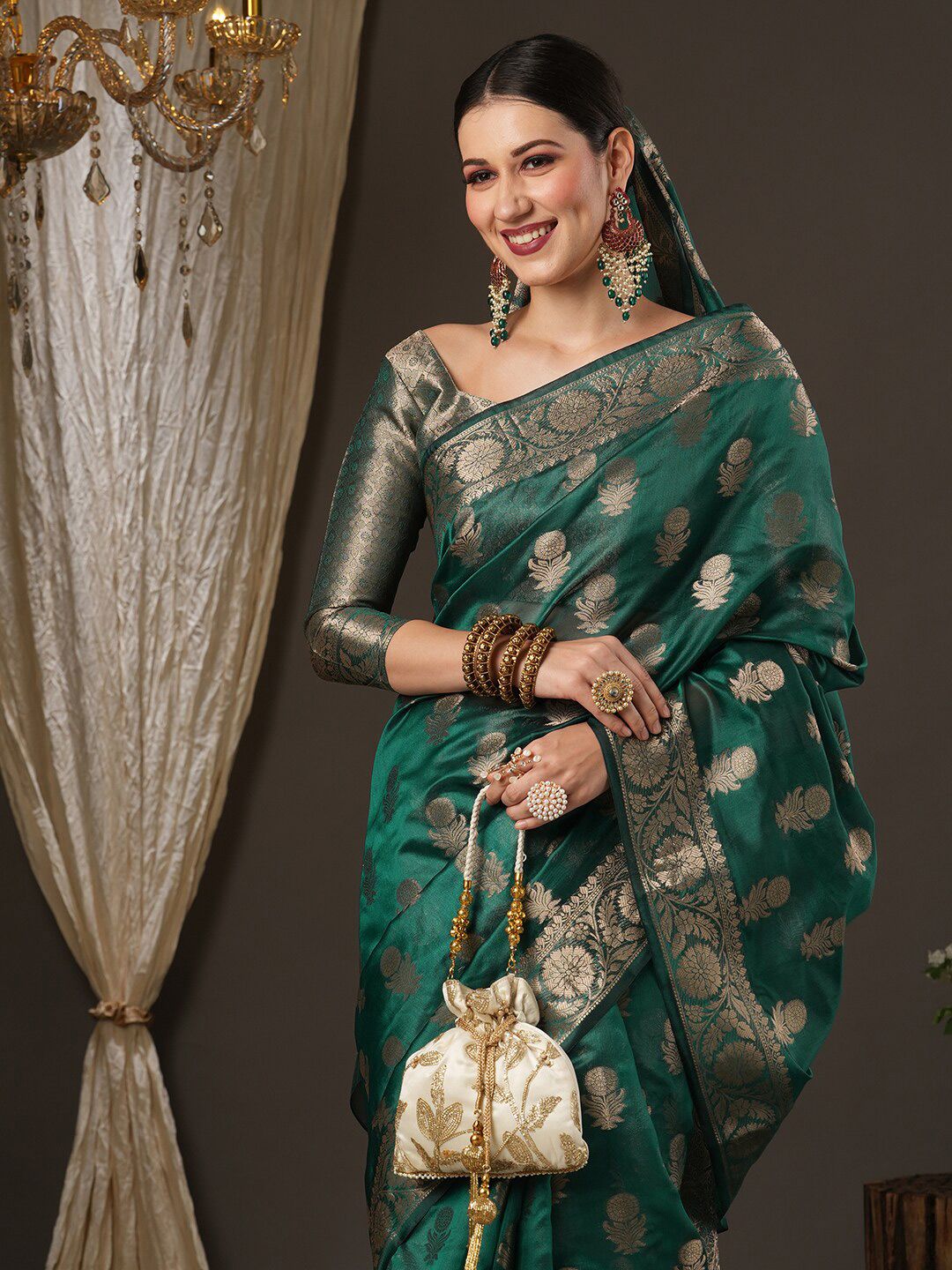 Saree mall Teal Green & Gold-Toned Woven Design Zari Organza Bagh Sarees
