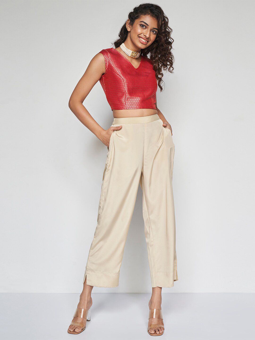 Global Desi Self Design V-Neck Sleeveless Top