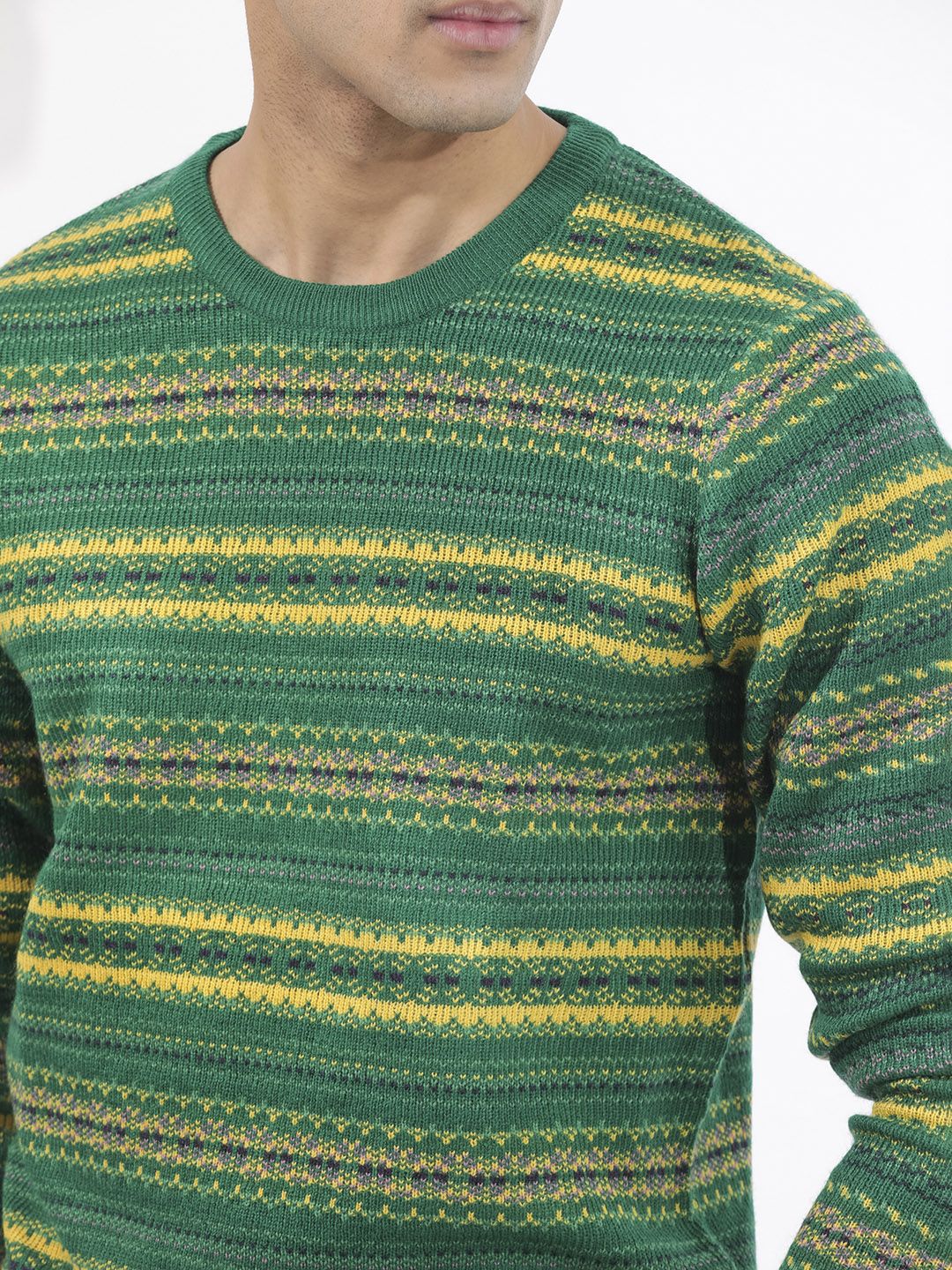 RARE RABBIT Men Fare Crew Neck Chevron Printed Acrylic Sweater