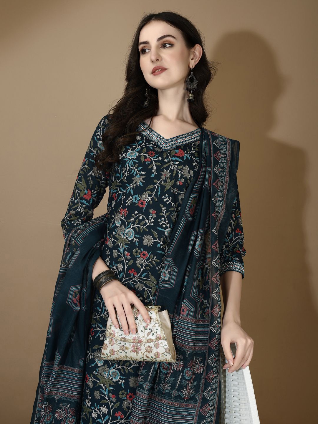 KALINI Floral Printed V-Neck Thread Work Straight Kurta with Trousers & Dupatta