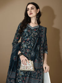 KALINI Floral Printed V-Neck Thread Work Straight Kurta with Trousers & Dupatta
