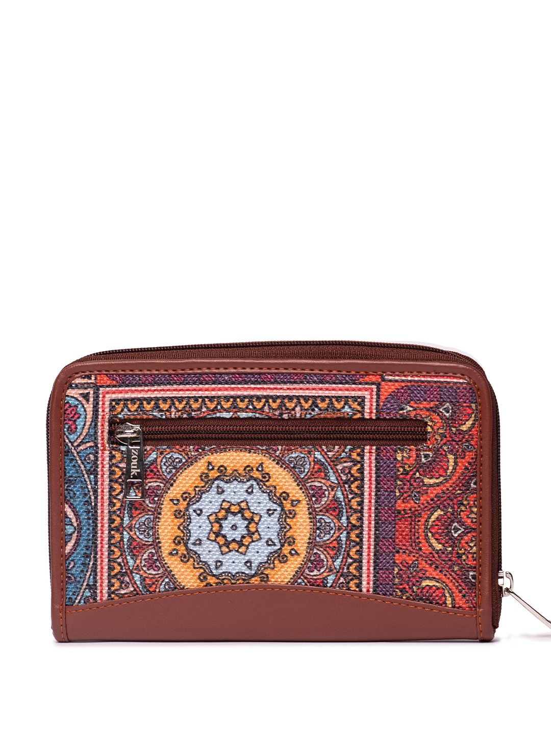 ZOUK Women Brown & Blue Geometric Printed Zip Around Wallet with SIM Card Holder
