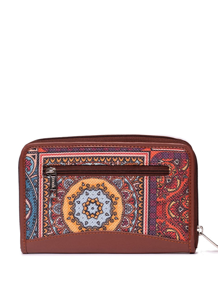 ZOUK Women Brown & Blue Geometric Printed Zip Around Wallet with SIM Card Holder