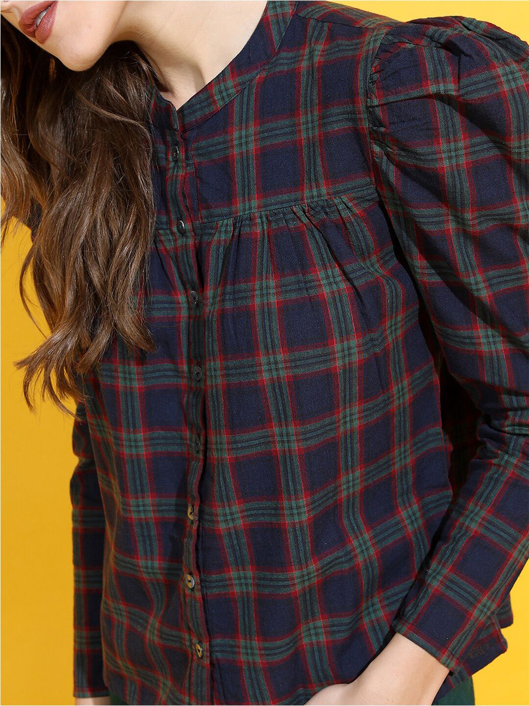 Tokyo Talkies Navy Blue Checked Mandarin Collar Pure Cotton Shirt Style Top
