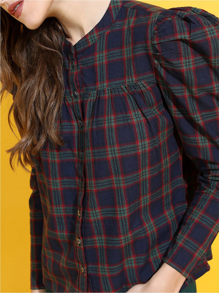 Tokyo Talkies Navy Blue Checked Mandarin Collar Pure Cotton Shirt Style Top