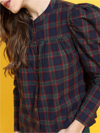 Tokyo Talkies Navy Blue Checked Mandarin Collar Pure Cotton Shirt Style Top