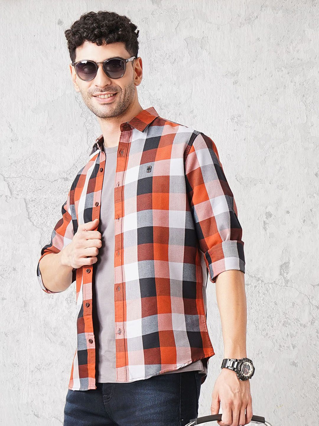 The Indian Garage Co Men Rust Red & Black Checked Pure Cotton Casual Shirt