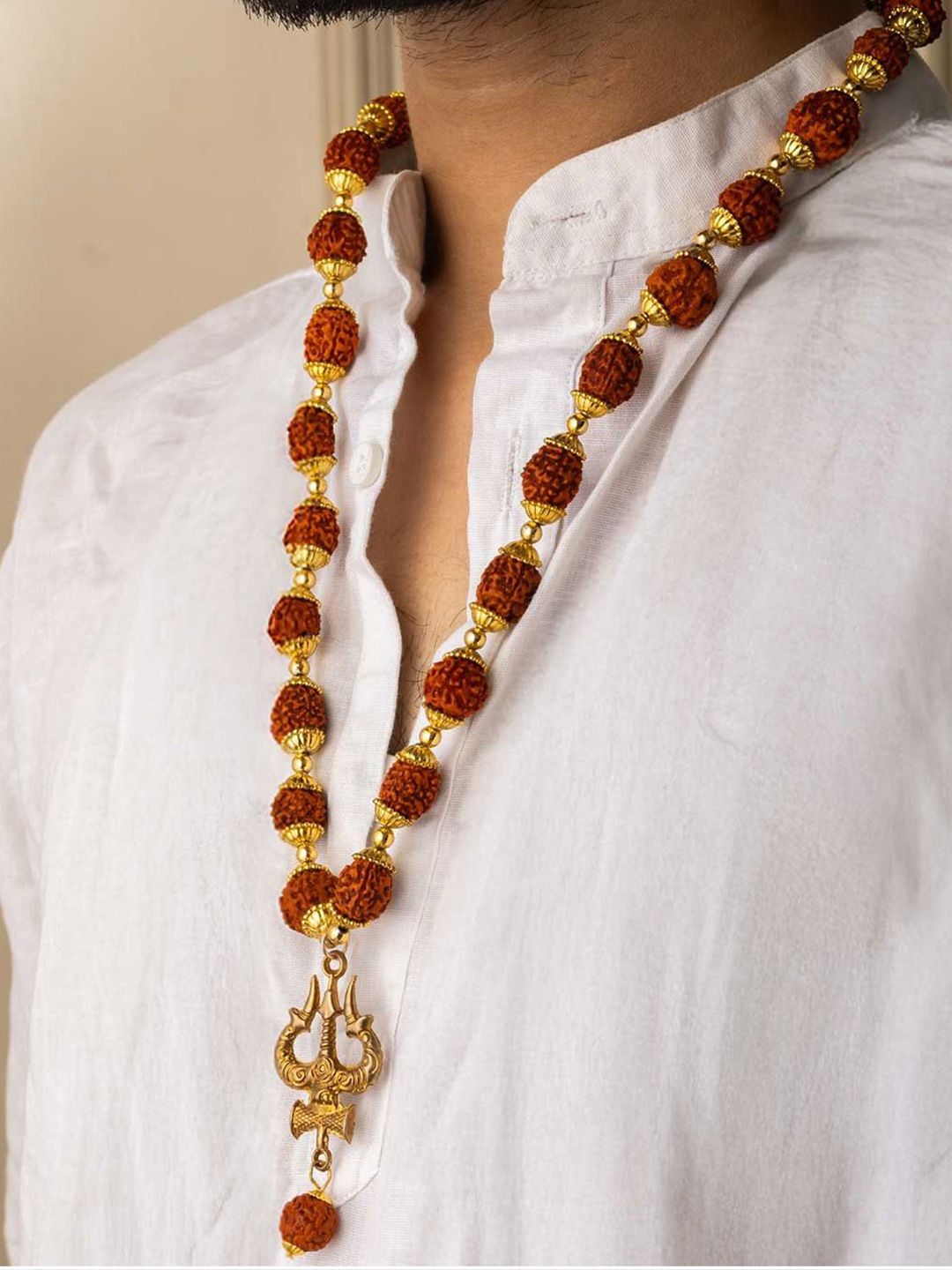 PANASH Men Gold-Plated Rudraksh Beaded Trishul Pendant Link Statement Necklace