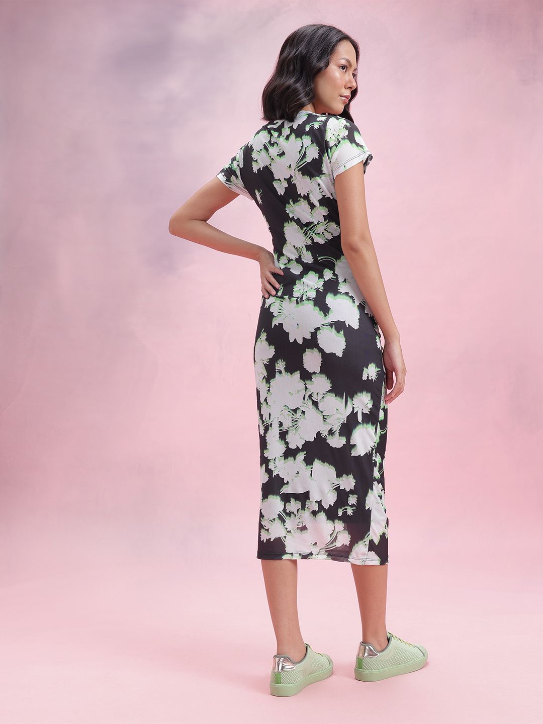 DressBerry Floral Print Ruched Mesh Bodycon Midi Dress