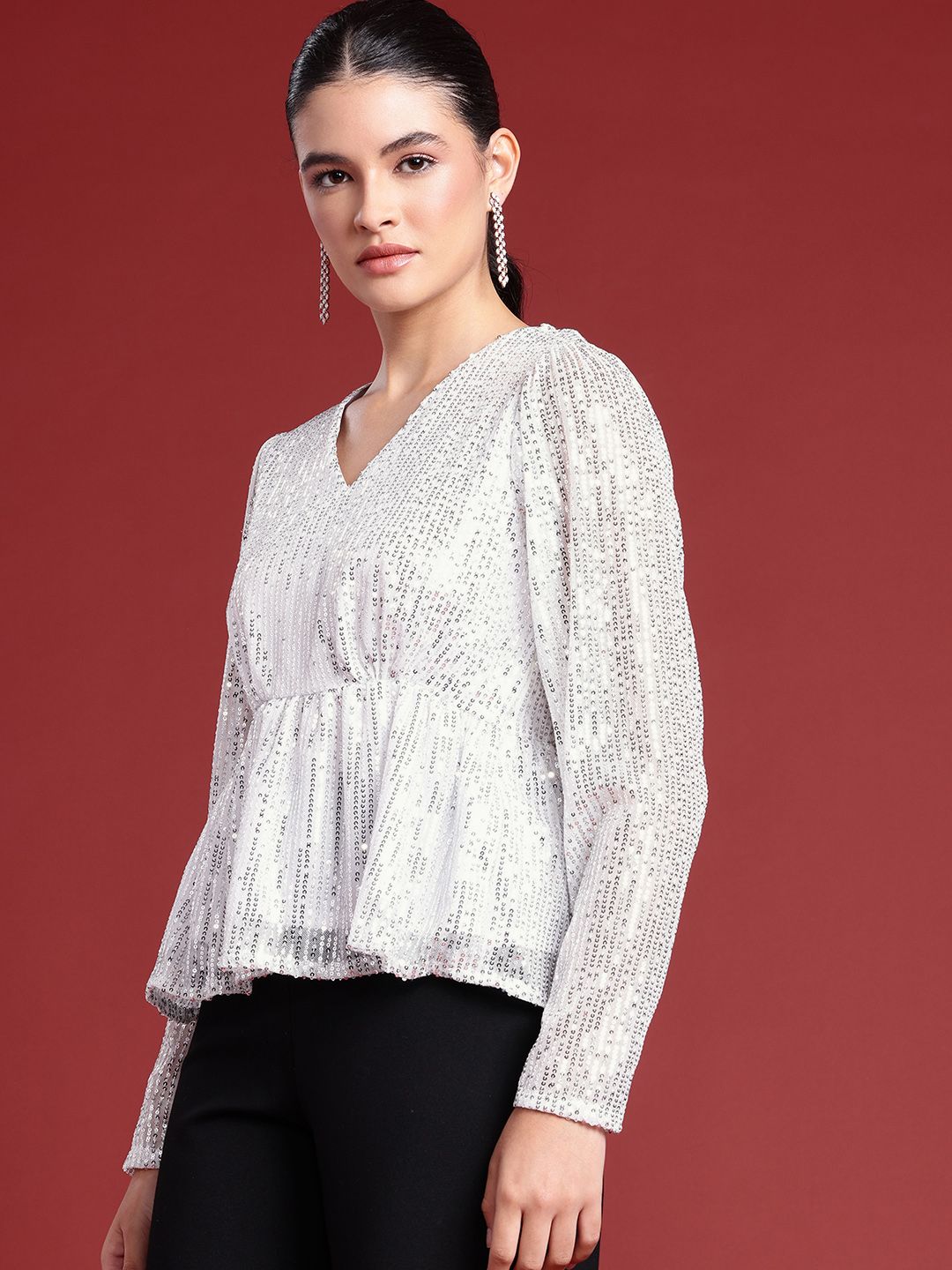 all about you Sequinned Stripes Embellished V-Neck Gathered or Pleated Party Top