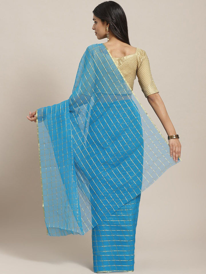 Saree mall Blue & Gold-Toned Checked Zari Sarees