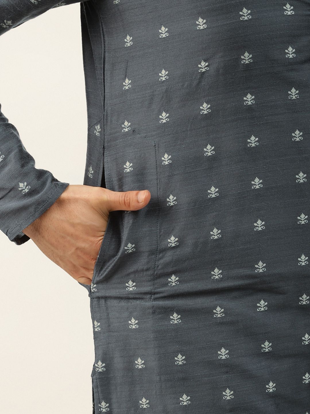 SOJANYA Men Charcoal Ethnic Motifs Kurta with Churidar & Nehru Jacket