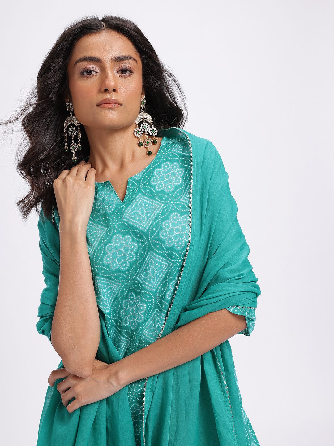 Anouk Bandhani Printed Gotta Patti Cotton Kurta with Trousers & With Dupatta