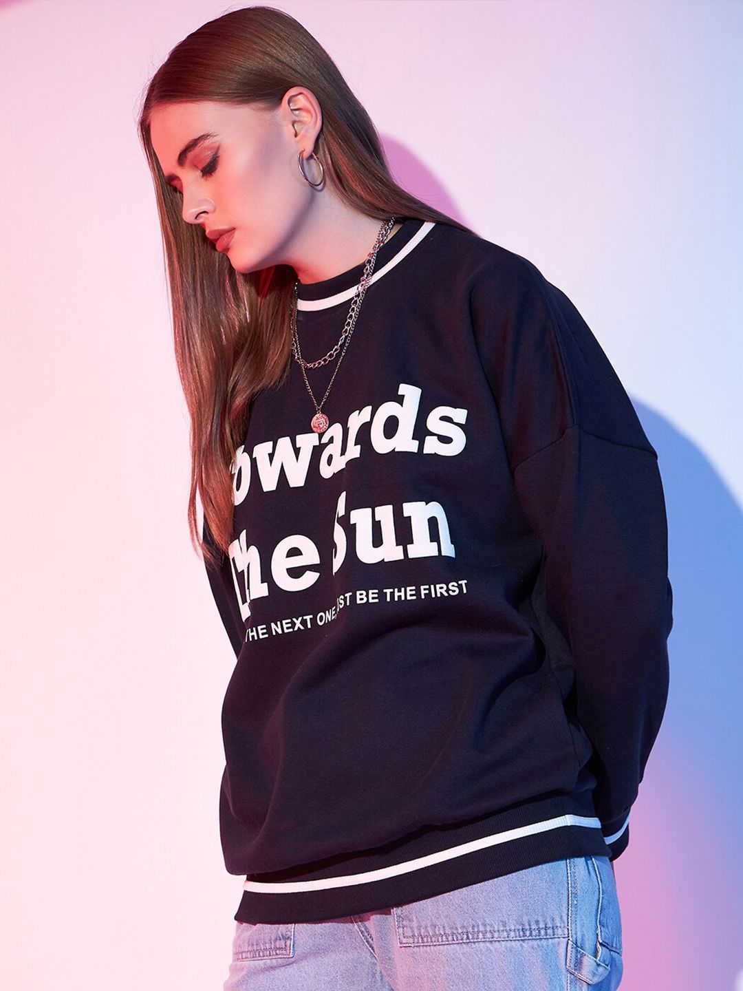 STREET 9 Navy Blue Typography Printed Drop Shoulder Pullover Fleece Sweatshirt