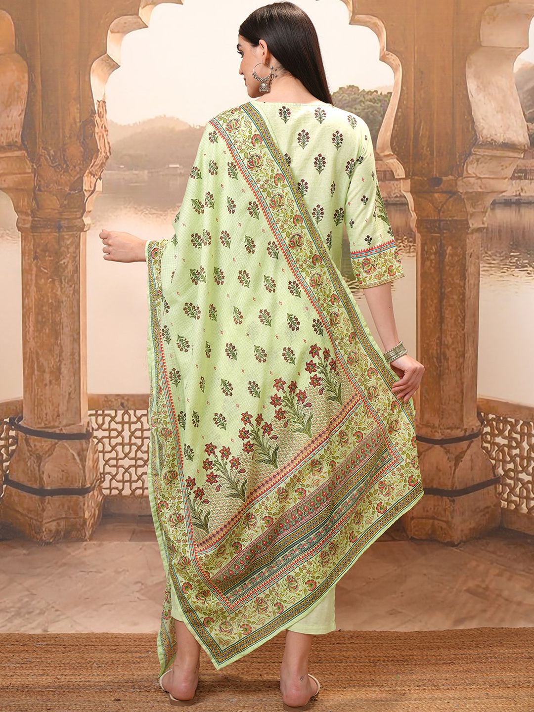 Vishudh Lime Green Floral Printed Pure Cotton Straight Kurta With Trousers & Dupatta