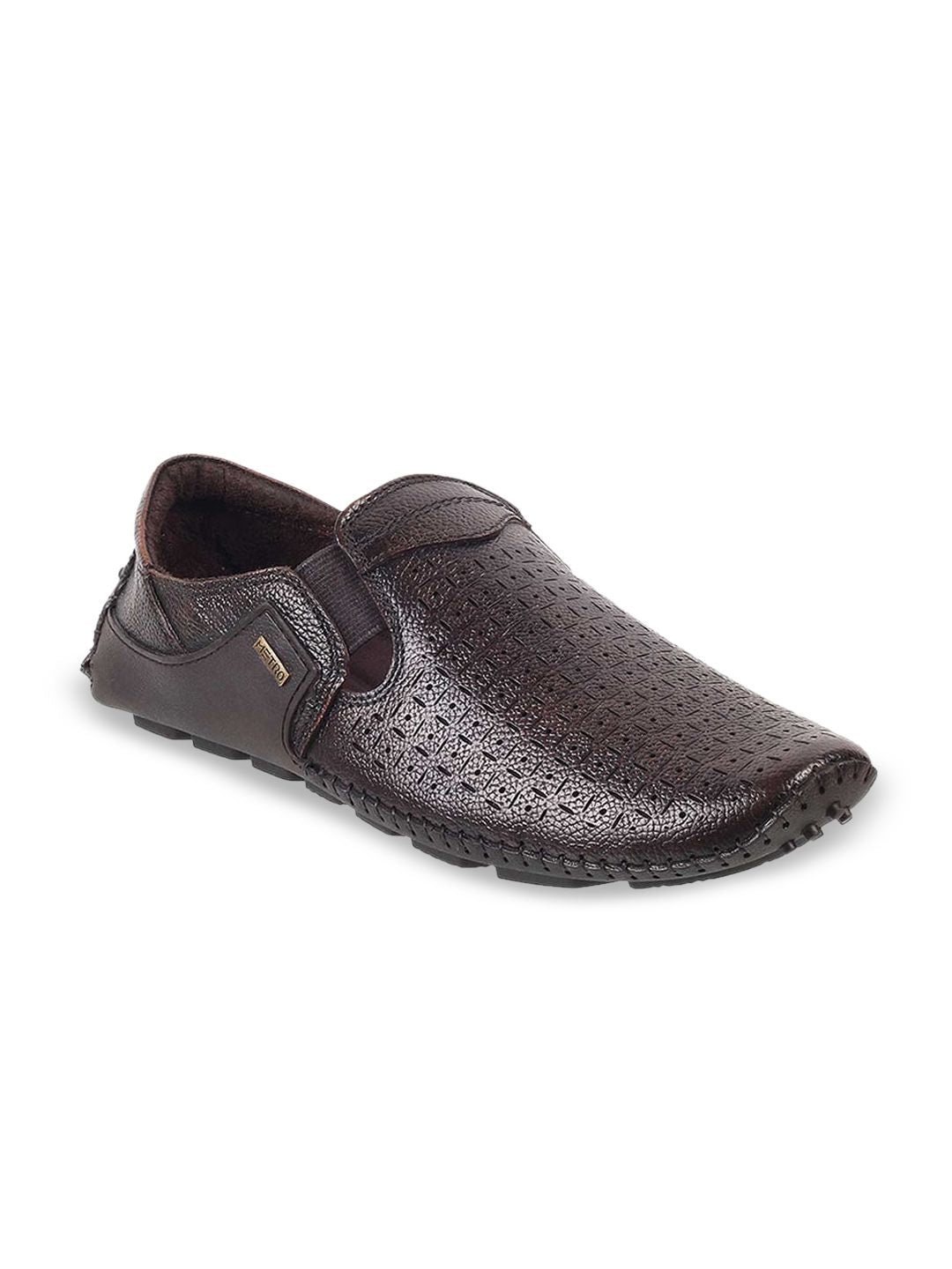 Metro Men Brown Textured Leather Loafers
