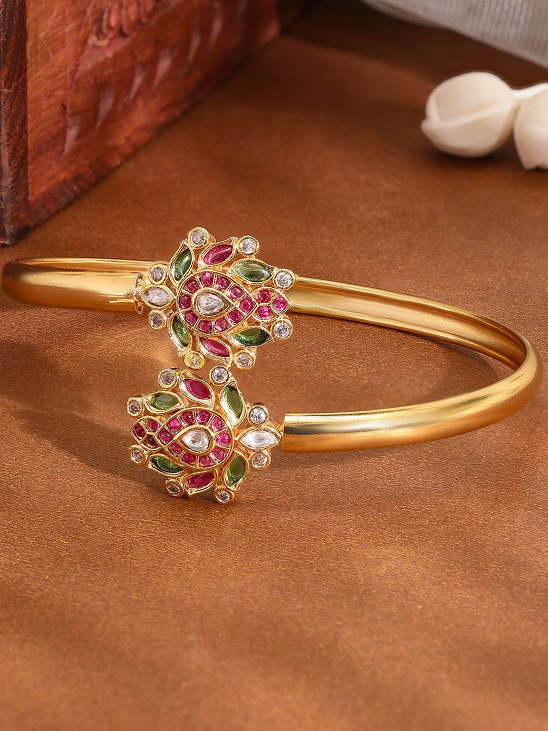 Rubans 18K Gold-Plated Ruby Pink, Green & White Kundan Studded Openable Bangle