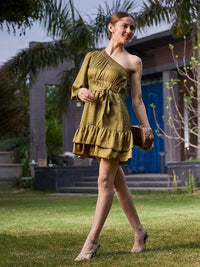 SASSAFRAS Off-Shoulder Bell Sleeve Georgette A-Line Dress